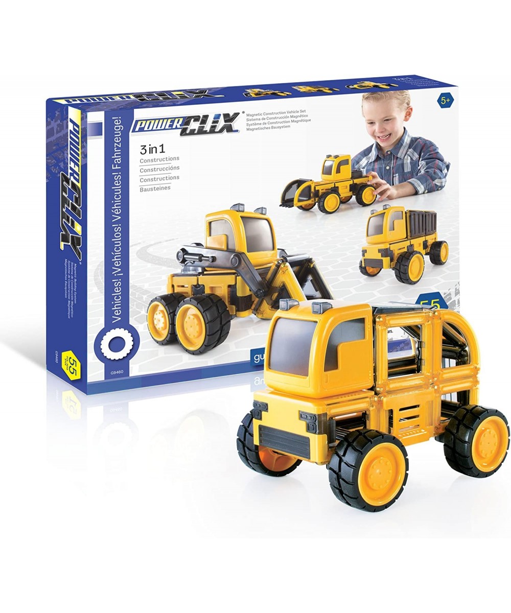 PowerClix Construction Vehicle Set: 55 Piece Magnetic Build-Your-Own Dump Truck Bulldozer and More - STEM Educational Buildin...