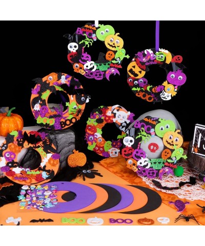 24 Set Halloween Foam Wreath Craft Kits Halloween Wreath Decorations DIY Halloween Wreath with Pumpkin Ghost Witch Hat Bats S...