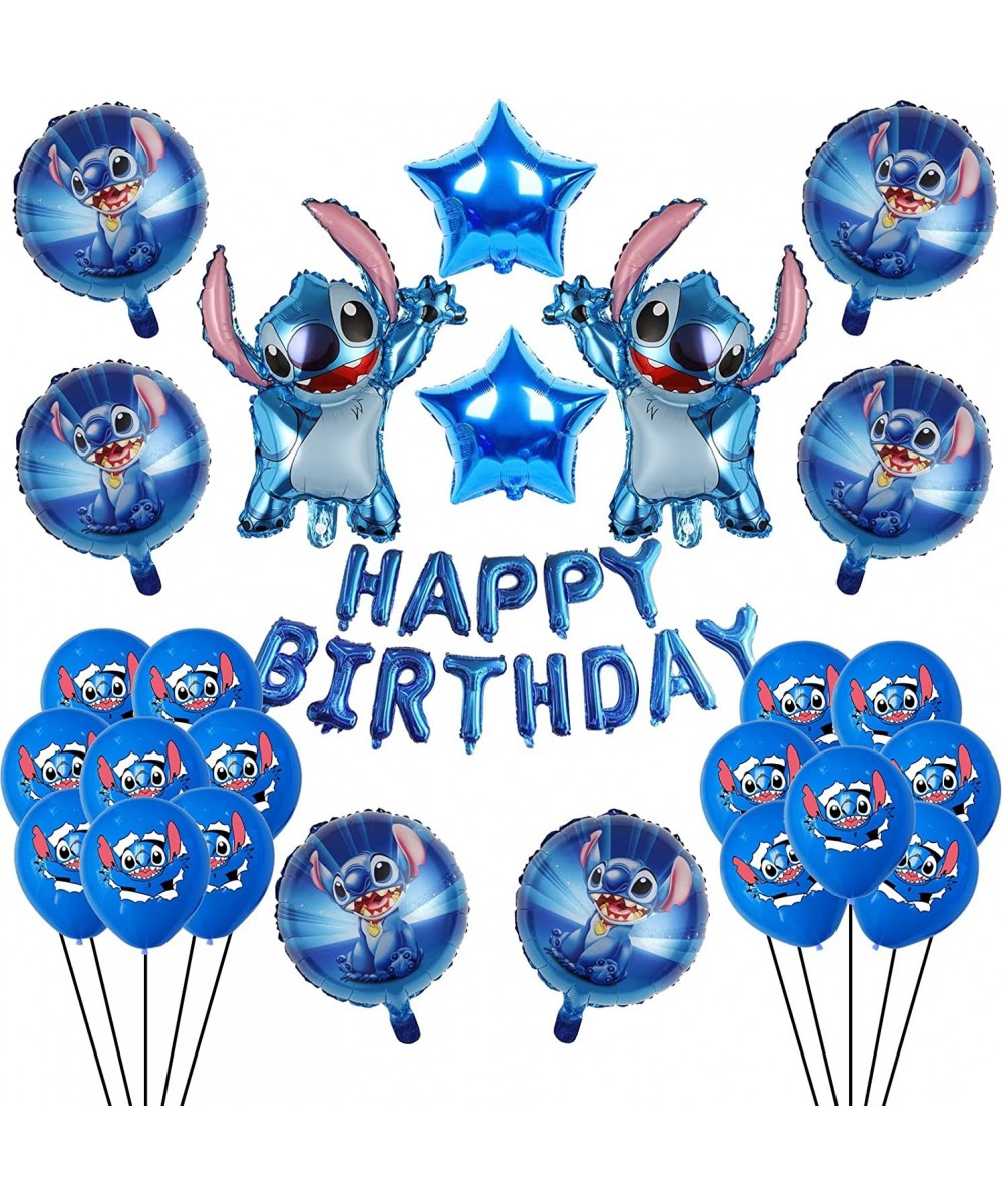 38Pcs Lilo and Stitch Balloons 24in Stitch Foil Balloons 16in Happy Birthday Balloons Foil Banner Balloons 12in Blue Latex Ba...