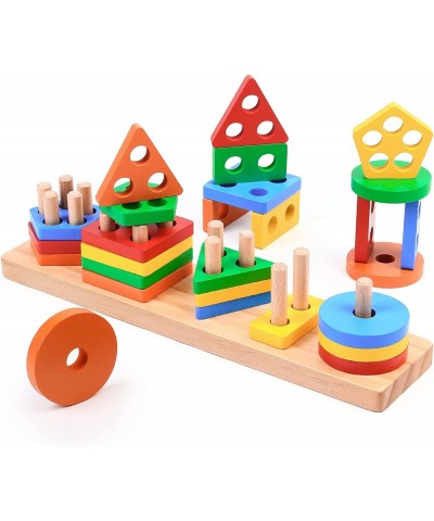 Montessori Toys for Toddlers 1 2 3 Year Old Wooden Sorting and Stacking Toys Baby Shape Sorter and Color Stacker for Preschoo...