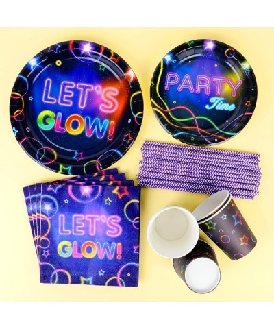 Glow Party Decorations Neon Party Supplies Kit with Plates Napkins Cups Straws for Let’s Glow Theme party Neon Glow Party Dec...