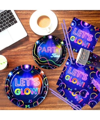 Glow Party Decorations Neon Party Supplies Kit with Plates Napkins Cups Straws for Let’s Glow Theme party Neon Glow Party Dec...