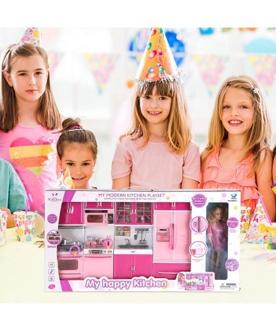 Deluxe My Modern Kitchen Mini Playset with Doll | Pink Kitchen Toys Pretend Play House Appliance Set & Accessories w/ Lights ...