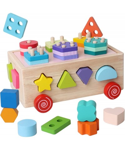 Montessori Toys Children's Educational Toys Shape Block Cart Wooden Shape Sorting Toys Boys and Girls Stacking Educational Le...