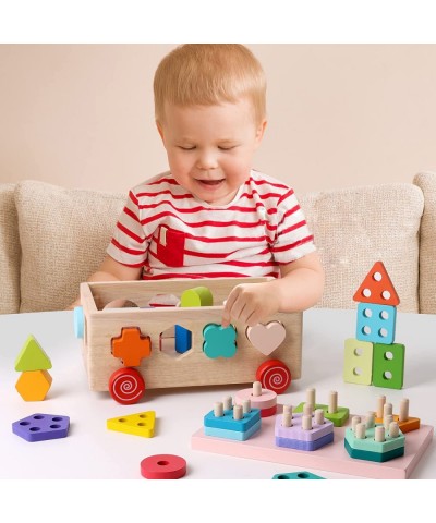 Montessori Toys Children's Educational Toys Shape Block Cart Wooden Shape Sorting Toys Boys and Girls Stacking Educational Le...