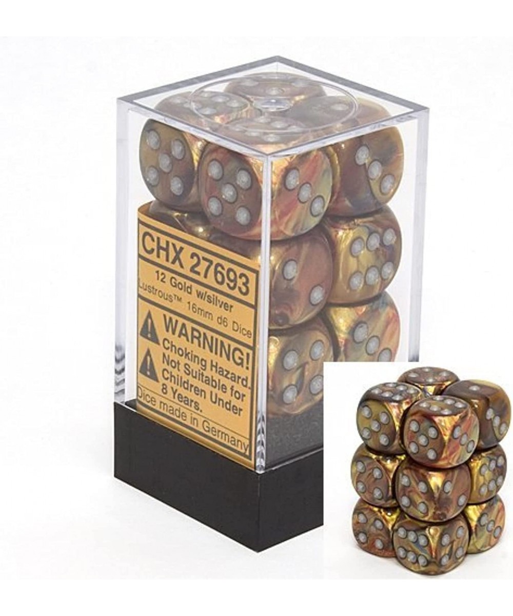 Dice d6 Sets: Lustrous Gold with Silver - 16mm Six Sided Die (12) Block of Dice $23.02 Game Accessories