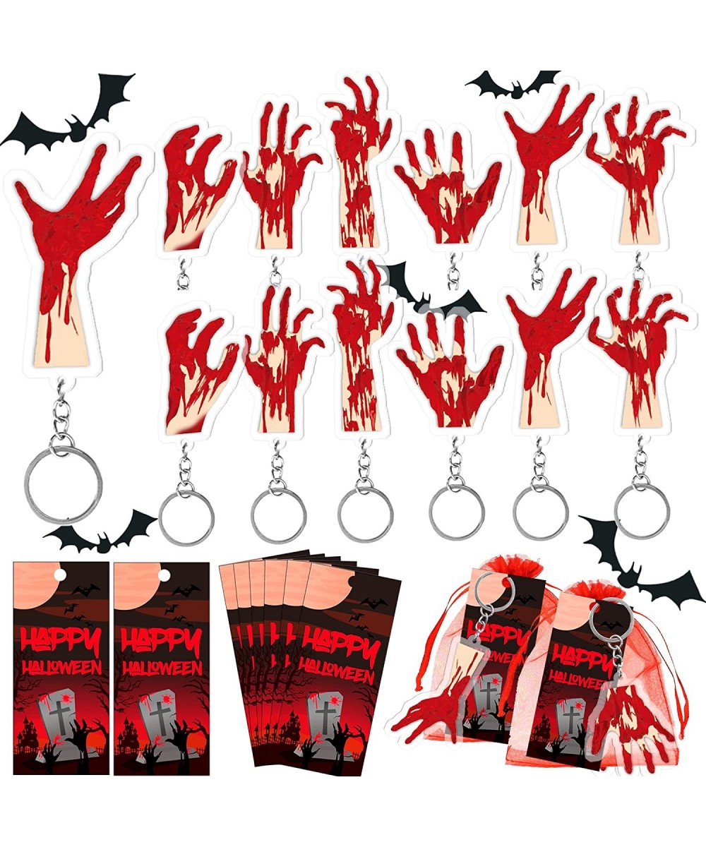 12 SET Halloween Party Favors Halloween Bloody Zombie Hand Keychains with Red Organza Bags Happy Halloween Tags For Halloween...