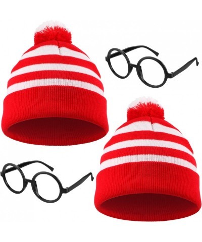 4 Pieces Red White Knit Beanies Hat and Glasses Frames Set Costumes Red White Pom Pom Cuff Beanie Hat and Round Retro Nerd No...