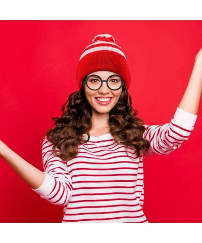 4 Pieces Red White Knit Beanies Hat and Glasses Frames Set Costumes Red White Pom Pom Cuff Beanie Hat and Round Retro Nerd No...