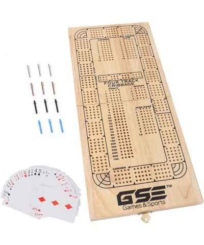 GSE 4-Track Wooden Folding Cribbage Board with Playing Card Metal Pegs and Storage Area Portable Continuous Cribbage Board Ga...