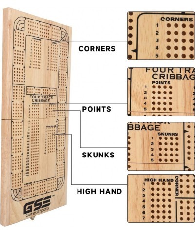 GSE 4-Track Wooden Folding Cribbage Board with Playing Card Metal Pegs and Storage Area Portable Continuous Cribbage Board Ga...