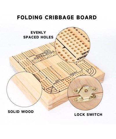 GSE 4-Track Wooden Folding Cribbage Board with Playing Card Metal Pegs and Storage Area Portable Continuous Cribbage Board Ga...