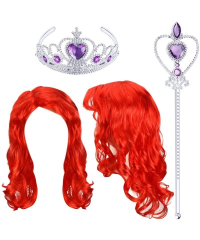 Halloween Mermaid Costume Wig Long Wavy Red Cosplay Hair Wig with Princess Tiara Wand Cosplay Accessories for Halloween Party...