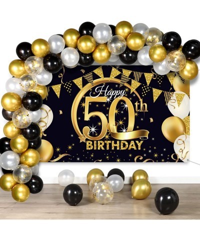 Black and Gold 50th Happy Birthday Decorations Include Happy 50th Birthday Photography Backdrop Banner Black Gold Confetti Ba...