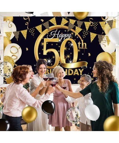 Black and Gold 50th Happy Birthday Decorations Include Happy 50th Birthday Photography Backdrop Banner Black Gold Confetti Ba...