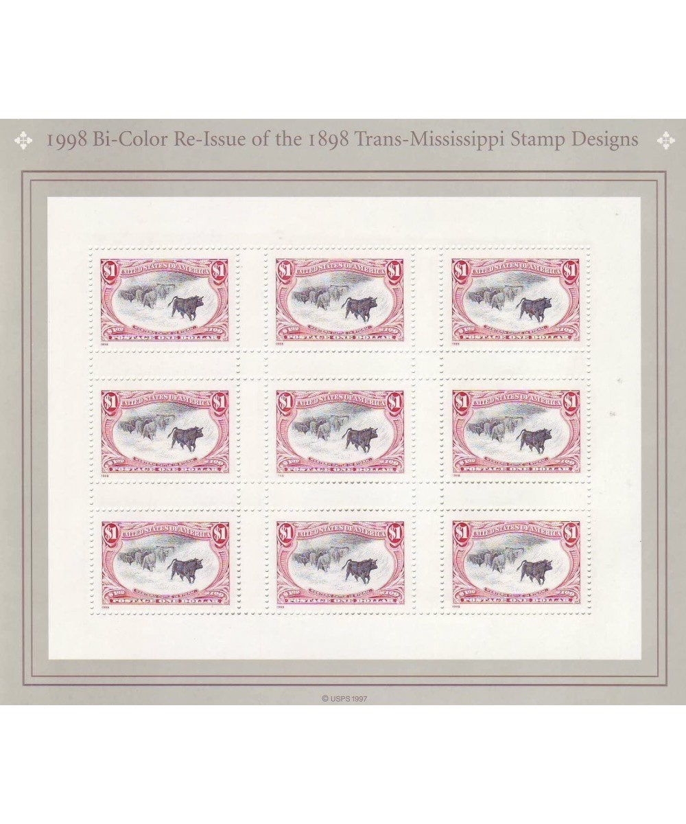 1998 Bi-Color Re-Issue of the 1898 Trans-Mississippi "Black Bull" Stamps: 9 x $1.00 Scott 3210 $27.96 Collectibles Display & ...