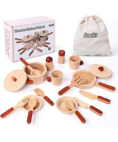 Wooden Play Kitchen Accessories Kitchen Pretend Play Toys Kids Kitchen Set with Pan Pots Plates Storage Bag Birthday and Chri...