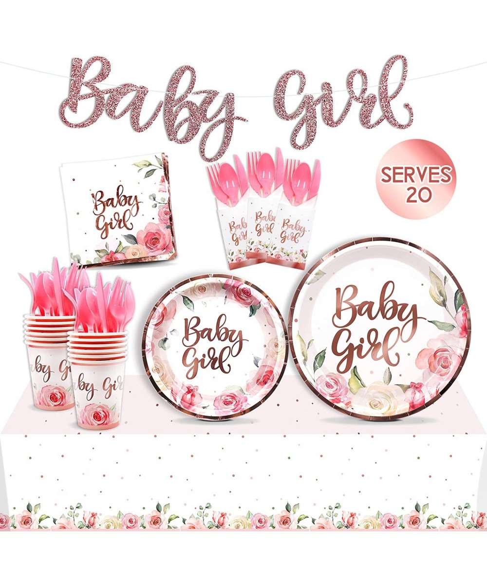 Baby Shower Decorations for Girl Rose Gold Floral Tableware Supplies with Banner Plates Cups Napkins Table Cover Pink Cutlery...