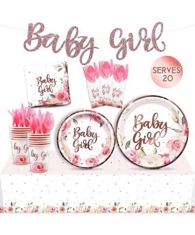 Baby Shower Decorations for Girl Rose Gold Floral Tableware Supplies with Banner Plates Cups Napkins Table Cover Pink Cutlery...