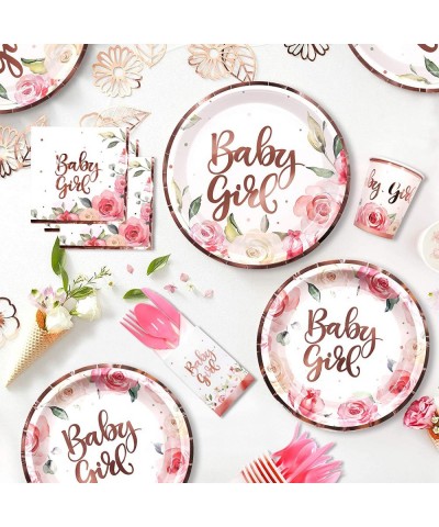 Baby Shower Decorations for Girl Rose Gold Floral Tableware Supplies with Banner Plates Cups Napkins Table Cover Pink Cutlery...