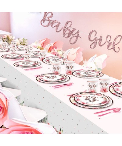 Baby Shower Decorations for Girl Rose Gold Floral Tableware Supplies with Banner Plates Cups Napkins Table Cover Pink Cutlery...