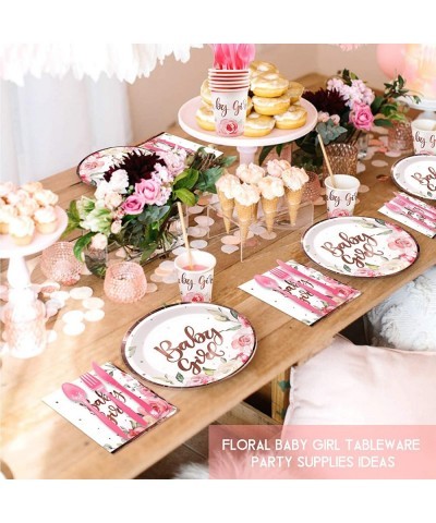 Baby Shower Decorations for Girl Rose Gold Floral Tableware Supplies with Banner Plates Cups Napkins Table Cover Pink Cutlery...