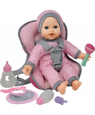 Doll Travel PlaySet - Baby Doll Car Seat Carrier Backpack with 12 Inch Soft Body Doll Includes Doll Bottles and Toy Accessori...