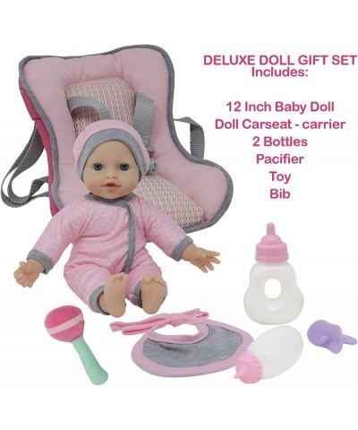 Doll Travel PlaySet - Baby Doll Car Seat Carrier Backpack with 12 Inch Soft Body Doll Includes Doll Bottles and Toy Accessori...