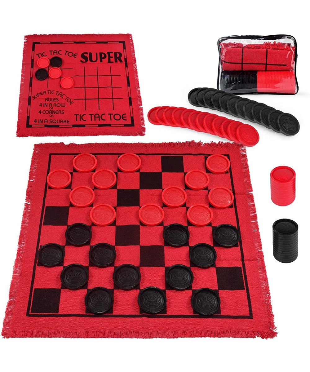 Giant Checkers Board Games 3 in 1 Tic Tac Toe Board Game for Adults & Kids with 24 Checker Pieces Reversible Rug - Indoor and...