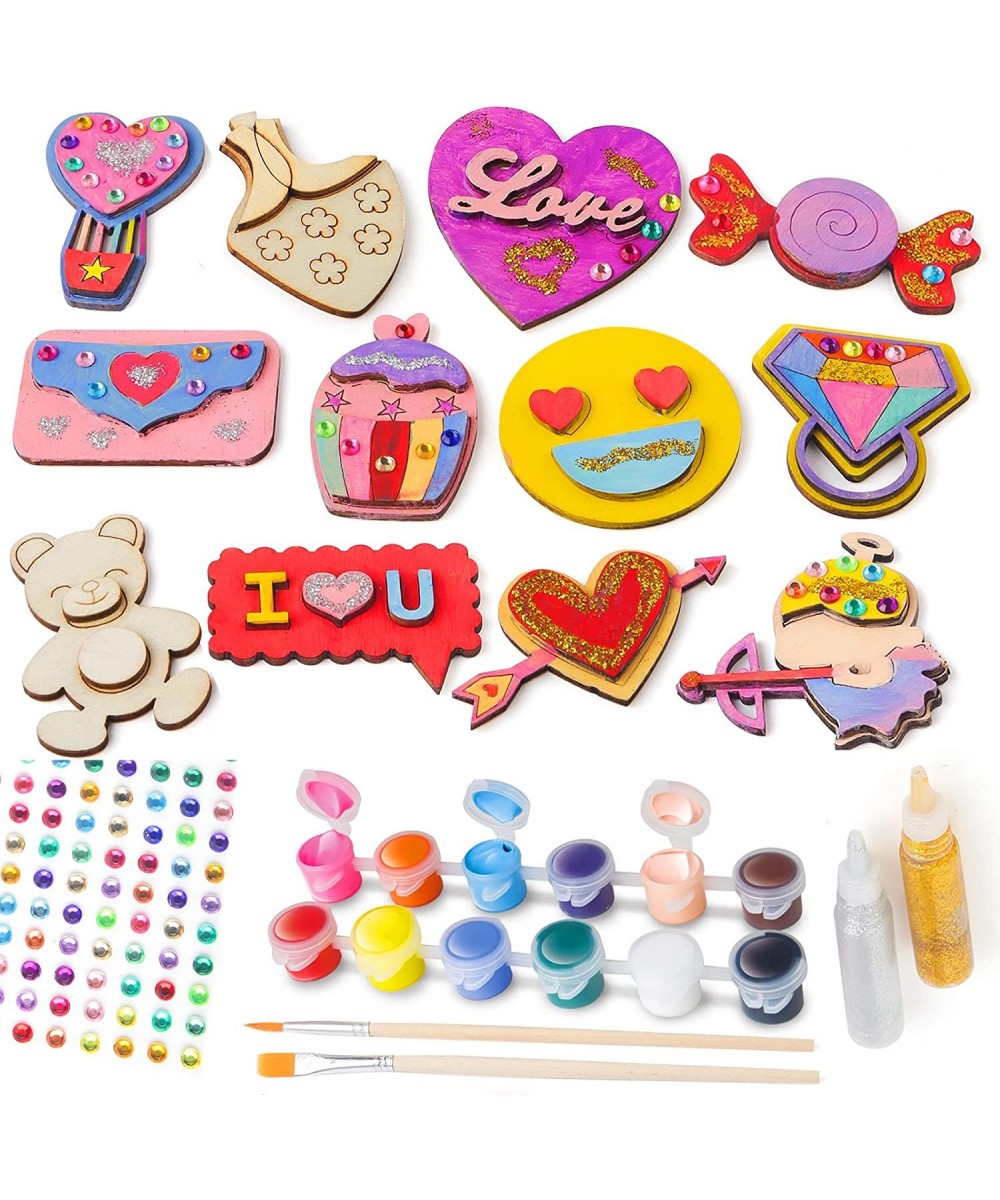 Valentine's Day Wood Craft Art for Kids-12 pcs DIY Painting Wooden Magnet Craft Kit for Boy Girls Aged 3 4 5 6 7 8 Birthday P...