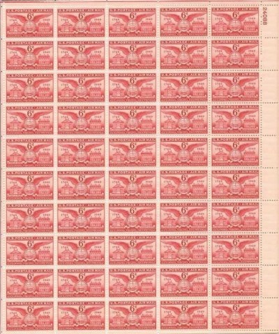 US Stamp - 1949 Alexandria Bicentennial Airmail - 50 Stamp Sheet C40 $21.64 Collectibles Display & Storage