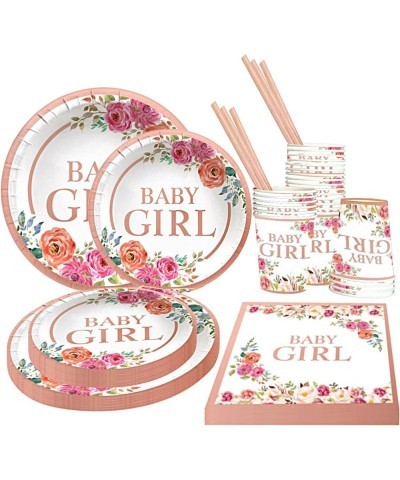 Baby Shower Party Supplies-Baby Girl Party Tableware Include Dinner Plates Dessert Plates Napkins Cups and Straws for Girl Bi...