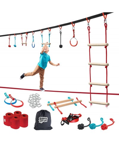 50 Foot Ninja Double Slackline Monkey Bar & Ladder Kit – Kids Gym Swinging Obstacle Course Set - Warrior Training Fists Gymna...