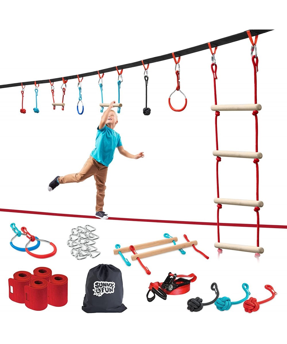 50 Foot Ninja Double Slackline Monkey Bar & Ladder Kit – Kids Gym Swinging Obstacle Course Set - Warrior Training Fists Gymna...