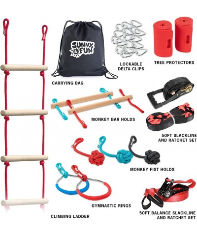 50 Foot Ninja Double Slackline Monkey Bar & Ladder Kit – Kids Gym Swinging Obstacle Course Set - Warrior Training Fists Gymna...