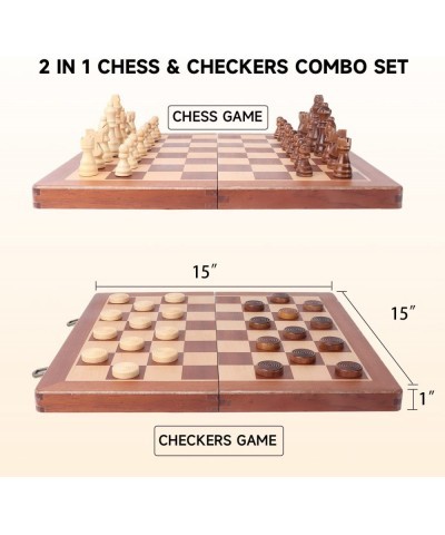 GSE 15" Large Wooden Folding 2-in-1 Chess and Checkers Board Game Combo Set with Chess Storage Slots Drawer (Folding Chess & ...