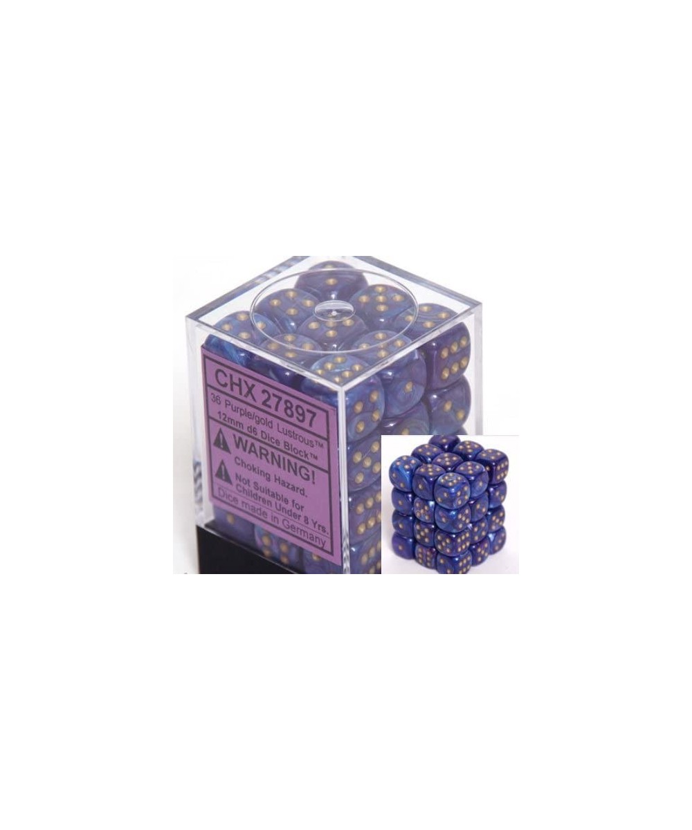 Dice d6 Sets: Lustrous Purple with Gold - 12mm Six Sided Die (36) Block of Dice $27.71 Game Accessories