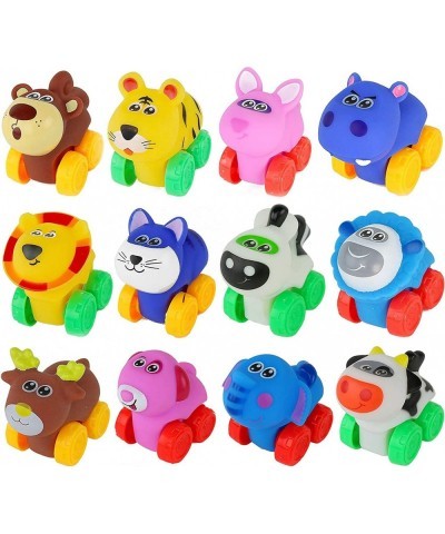 12 Pack Soft Rubber Baby Toy Cars in Bucket - Cartoon Animal Vehicles Push and Go with Wheels for Babies Toddlers and Kids (1...