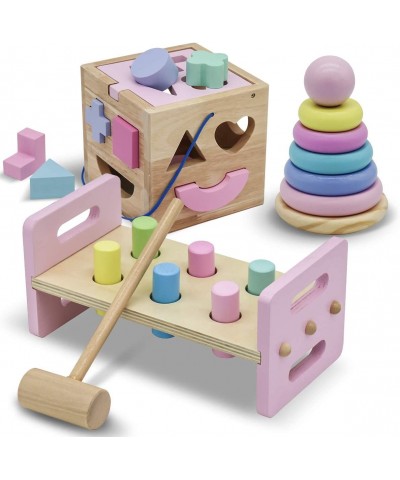 Pounding Bench with Hammer Wood Shape Sorter Box Rainbow Stacker Pastel Colors Complete Set (3 Wooden Toys Bundle) $69.38 Ear...