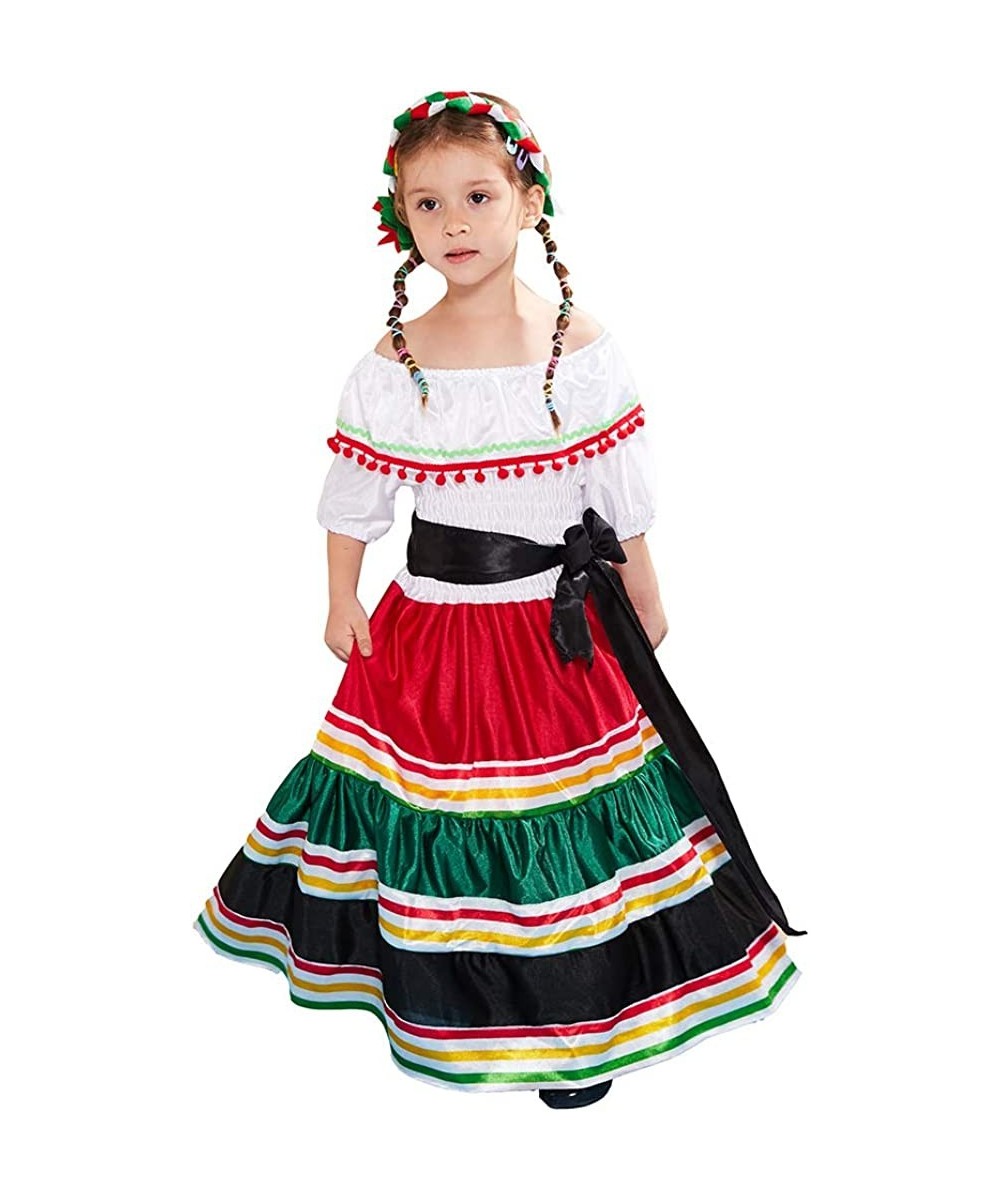 Halloween Mexican Traditional Long Dress for Girls Kids Costume Classic Dance Outfit $52.70 Kids' Costumes