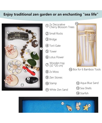 Japanese Sand Zen Garden Kit with Decorative White and Blue Sand Rock Rakes Mini Desk Accessories Meditation Relaxation Home ...