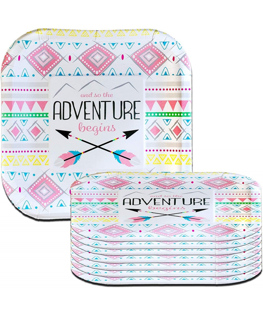 Adventure Begins Party Plates – Pink Tribal Pattern Adventure Party Plates for Baby Showers Gender Reveal & Birthday Party Su...