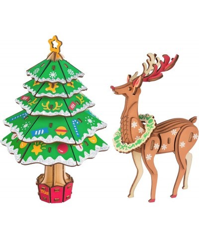 3D Wooden Puzzles for Adults and Kids Christmas Tree and Elk Wood Building Kits STEM Toys Crafts for Girls and Boys (Christma...