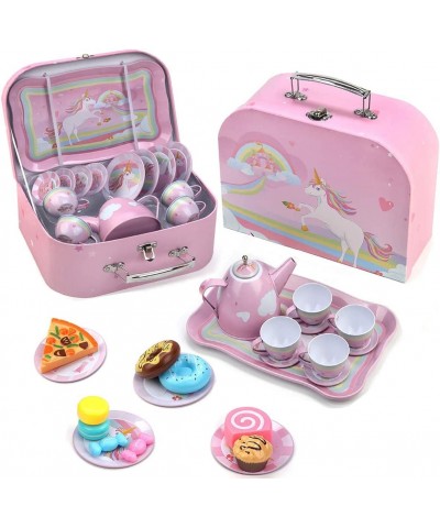 24 Piece Tin Unicorn Kids Tea Party Set for Little Girls Princess Gift Pretend Toy Tin Tea Set with Carrying Case Princess Te...