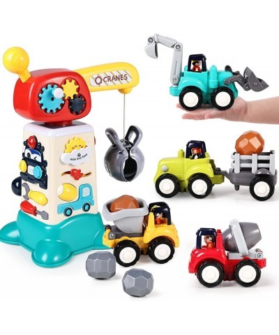 Toddler Electronic Construction Crane Toys Set Baby Musical Activity Cube w/ 4 Inertia Push Go Vehicles Tractor Backhoe Dump ...