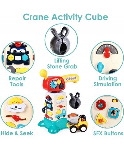 Toddler Electronic Construction Crane Toys Set Baby Musical Activity Cube w/ 4 Inertia Push Go Vehicles Tractor Backhoe Dump ...