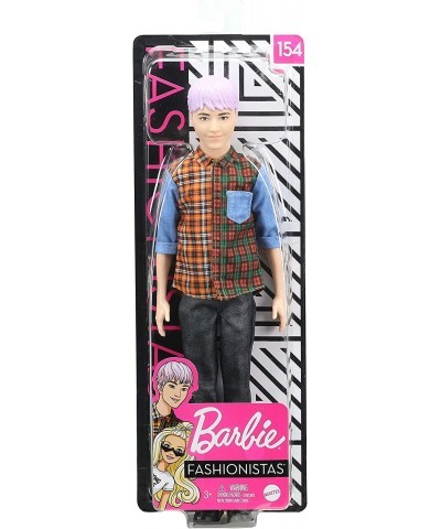 Ken Fashionistas Doll 154 with Sculpted Purple Hair Wearing a Color-Blocked Plaid Shirt Black Denim Pants & Boots Toy for Kid...