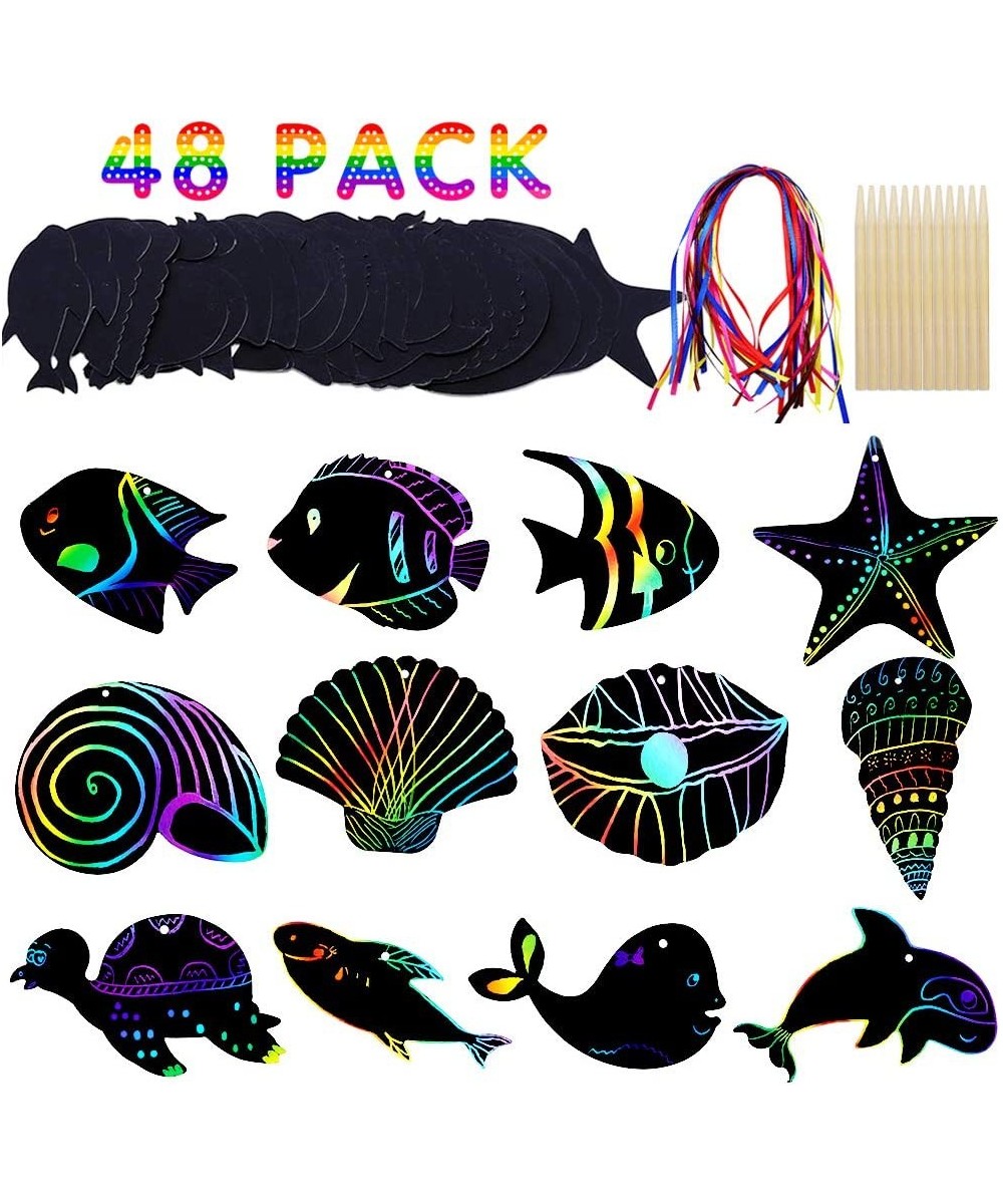 Scratch Art Card – Sea World Theme DIY Birthday Party Supplies Favor - Rainbow Color Scratch Art With Wooden Styluses Ribbon ...