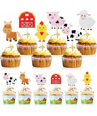 48 Pieces Farm Animal Theme Cupcake Topper and Wrappers Rustic Farmhouse Cupcake Picks Cup Wrapper for Farm Theme Party Birth...