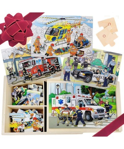 4-in-1 Emergency Vehicle Jigsaw Puzzle 48 PCs Wooden Truck Puzzle for Little Kids with a Box Fire Engine Ambulance Preschool ...